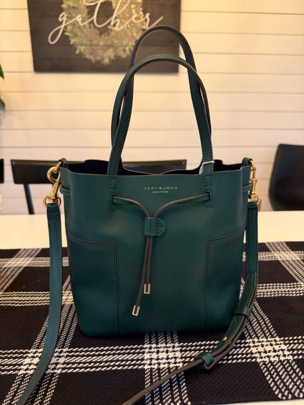 Tory Burch Green Leather Drawstring Bucket Bag